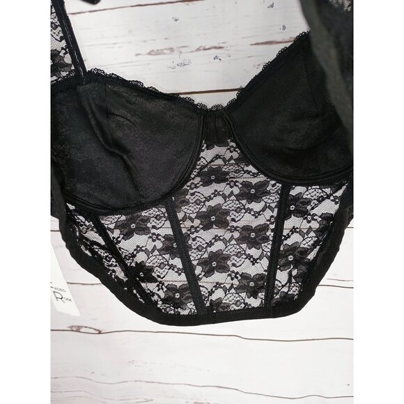 Faded Rose Black Sheer Lace Bustier Crop Top With Cap Sleeves & Back Zipper Clos - Picture 8 of 15